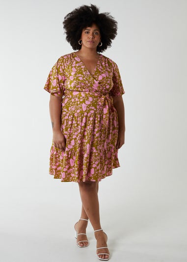 Blue Vanilla Green Curve Wrap Front Tier Hem Angel Sleeve Dress