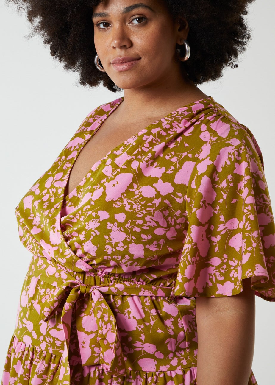 Blue Vanilla Green Curve Wrap Front Tier Hem Angel Sleeve Dress