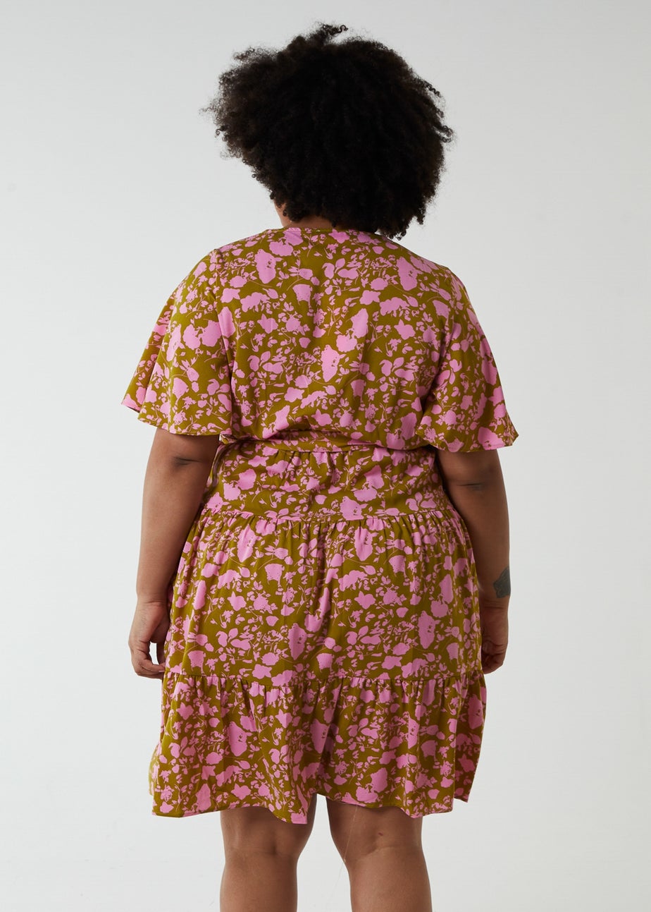 Blue Vanilla Green Curve Wrap Front Tier Hem Angel Sleeve Dress