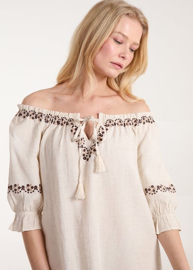 Blue Vanilla Stone Sleeve Embroidered Tunic Dress