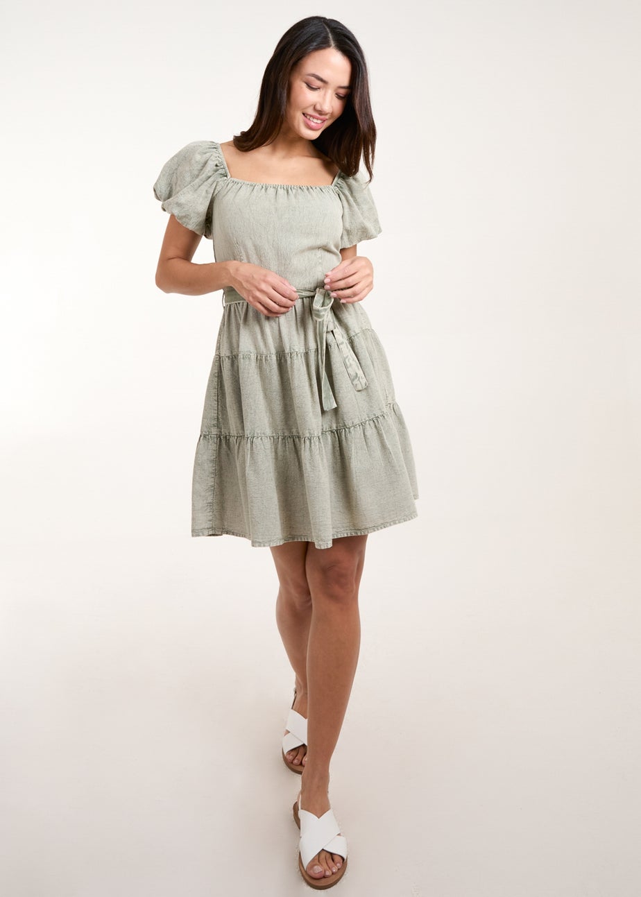 Blue Vanilla Khaki Washed Puff Sleeve Mini Dress