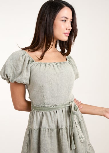 Blue Vanilla Khaki Washed Puff Sleeve Mini Dress