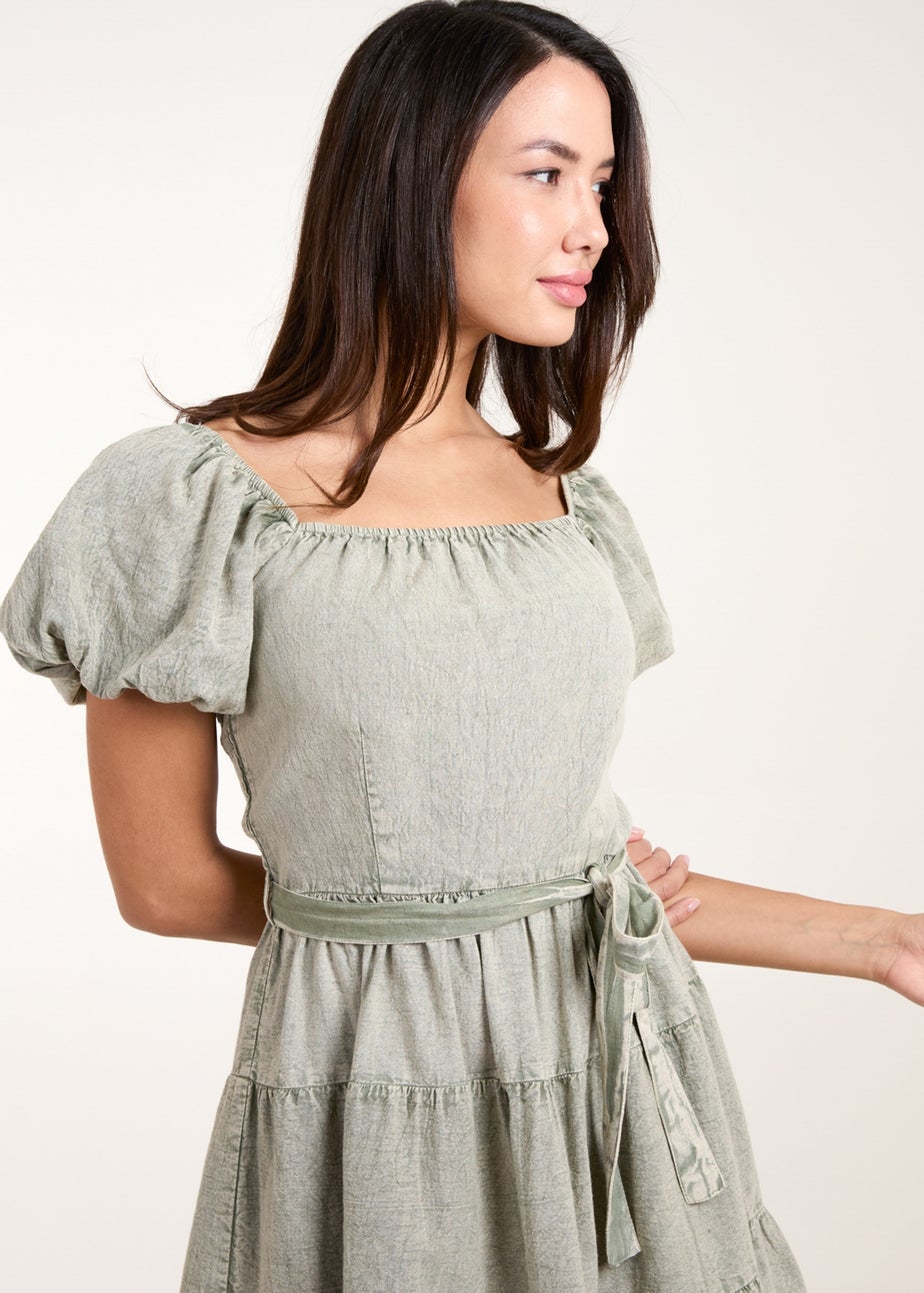 Blue Vanilla Khaki Washed Puff Sleeve Mini Dress