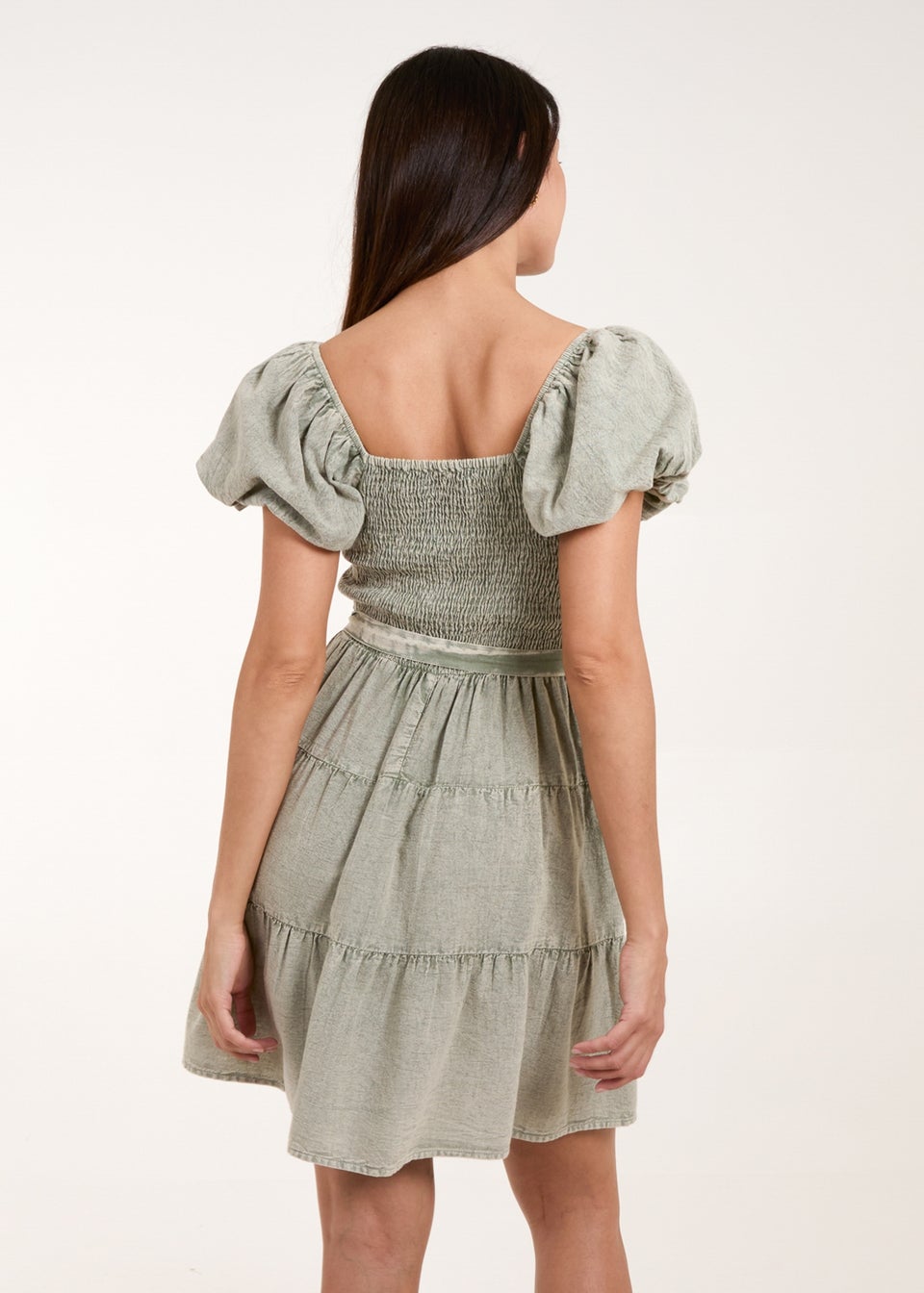 Blue Vanilla Khaki Washed Puff Sleeve Mini Dress