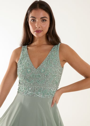 Blue Vanilla Green Embellished V-Neck Maxi Dress