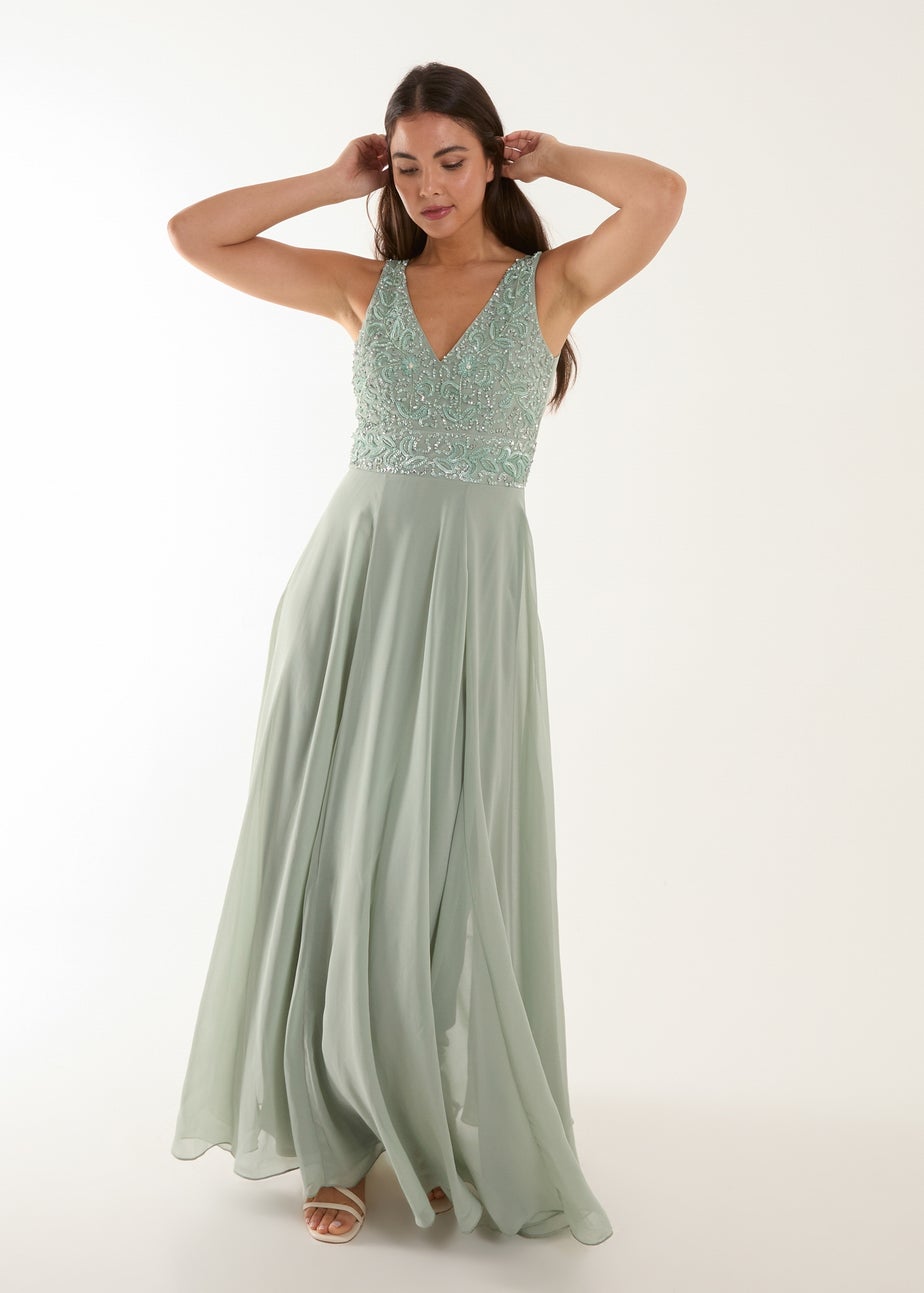 Blue Vanilla Green Embellished V-Neck Maxi Dress