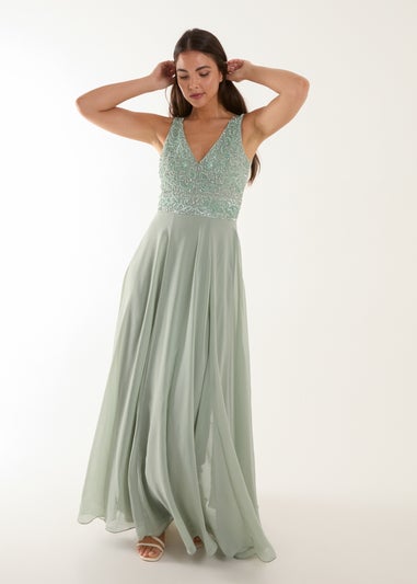 Blue Vanilla Green Embellished V-Neck Maxi Dress
