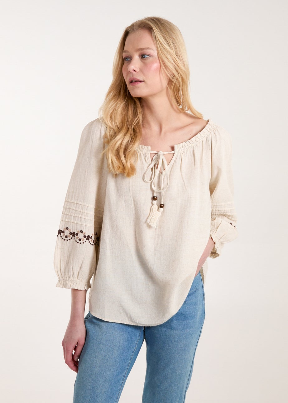 Blue Vanilla Stone Embroidered Pleat Sleeve Top