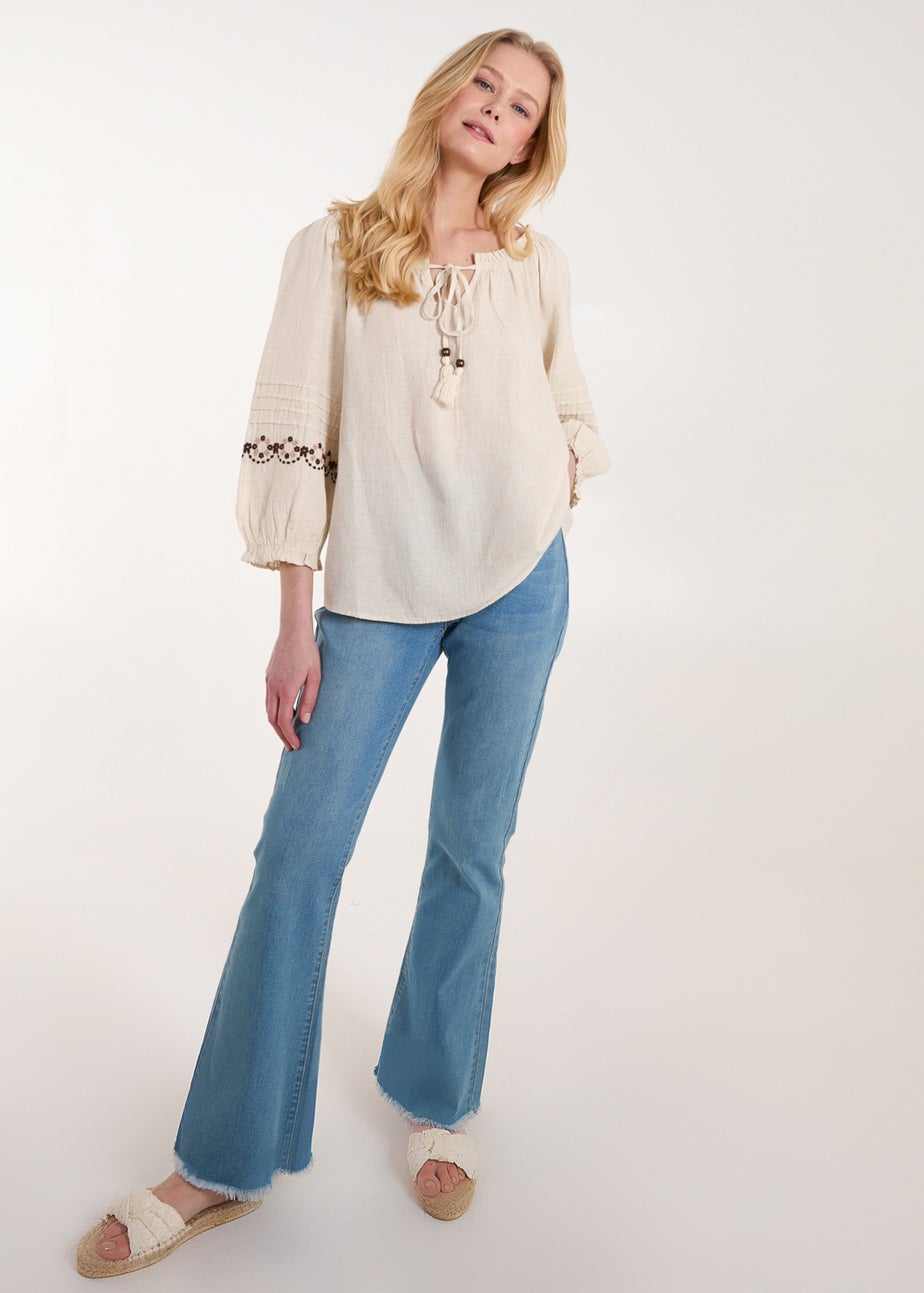 Blue Vanilla Stone Embroidered Pleat Sleeve Top