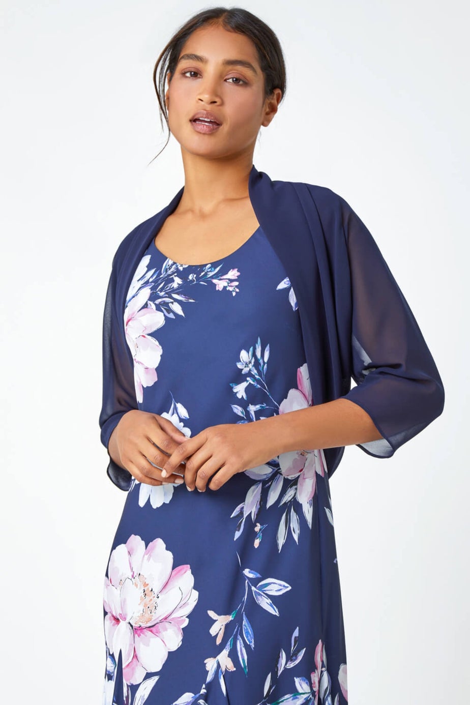 Roman Navy Ruched Hem Chiffon Bolero