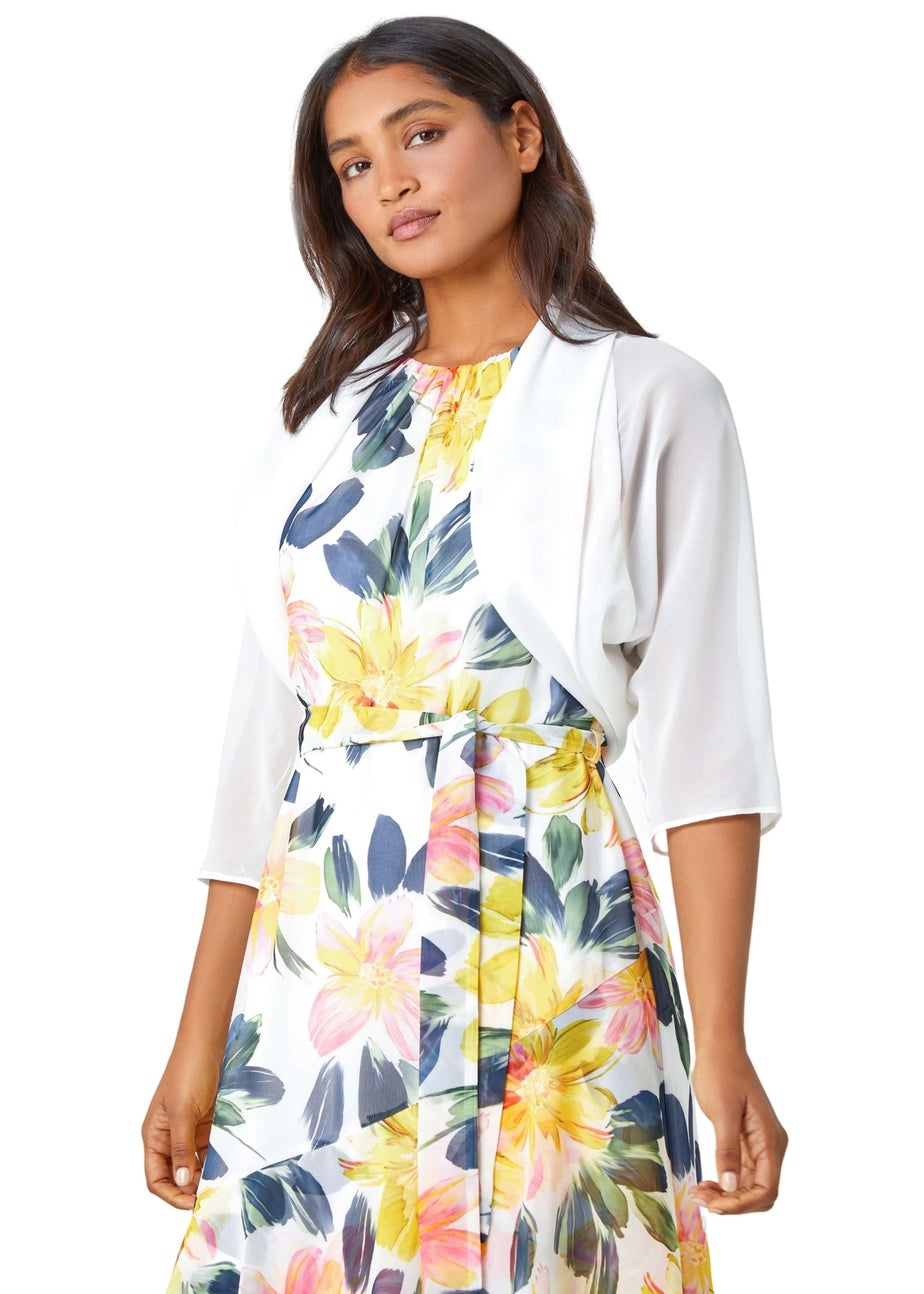 Roman Ivory 3/4 Sleeve Ruched Hem Chiffon Bolero