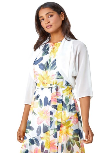 Roman Ivory 3/4 Sleeve Ruched Hem Chiffon Bolero