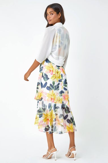 Roman Ivory 3/4 Sleeve Ruched Hem Chiffon Bolero