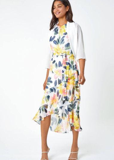 Roman Ivory 3/4 Sleeve Ruched Hem Chiffon Bolero