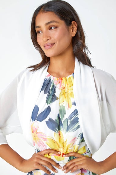 Roman Ivory 3/4 Sleeve Ruched Hem Chiffon Bolero