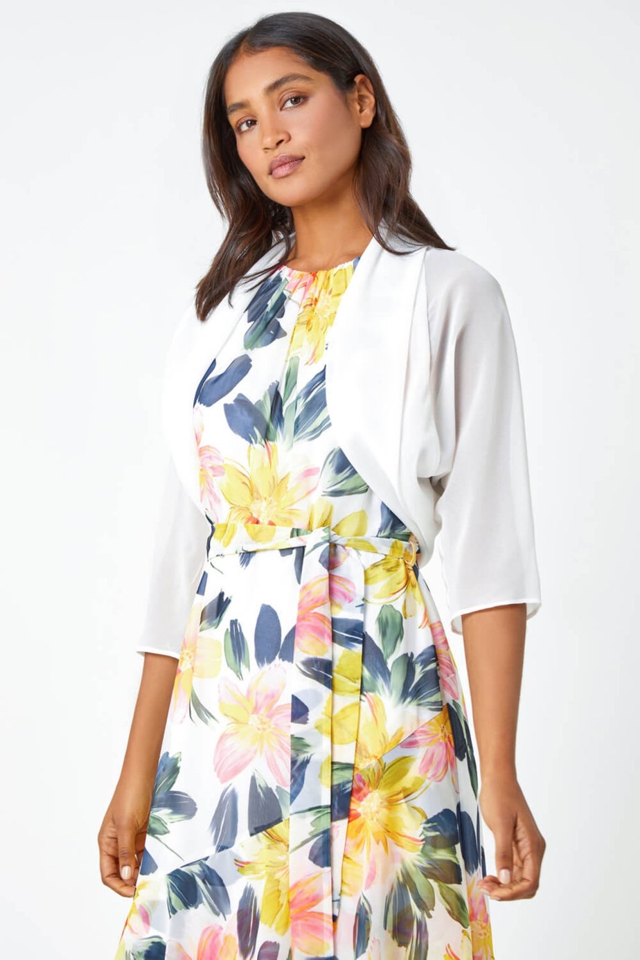 Roman Ivory 3/4 Sleeve Ruched Hem Chiffon Bolero