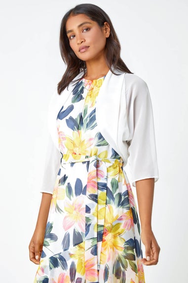 Roman Ivory 3/4 Sleeve Ruched Hem Chiffon Bolero