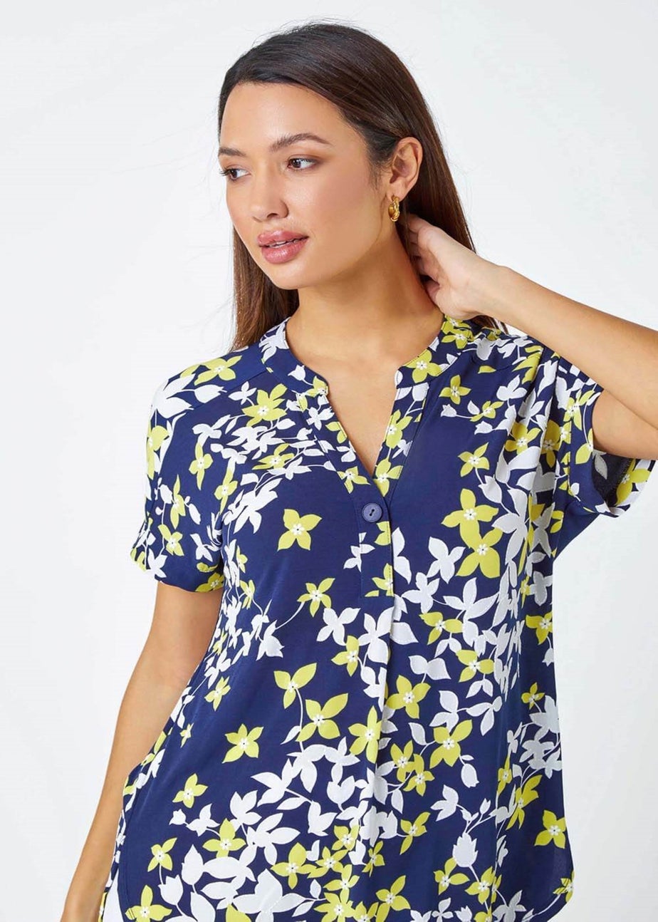 Roman Yellow Floral Puff Print V-Neck Pleat Front Top