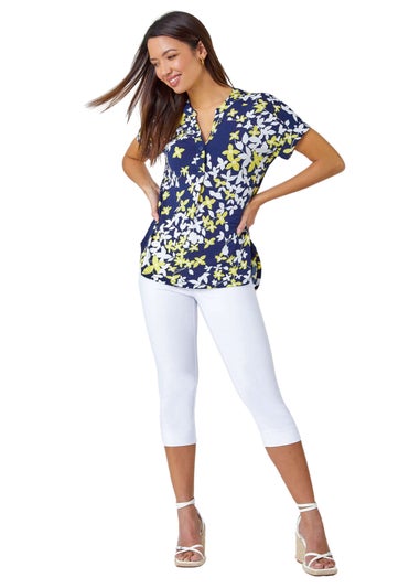 Roman Yellow Floral Puff Print V-Neck Pleat Front Top