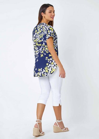 Roman Yellow Floral Puff Print V-Neck Pleat Front Top