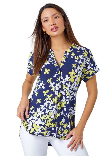 Roman Yellow Floral Puff Print V-Neck Pleat Front Top