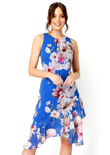 Roman Royal Blue Floral Chiffon Hanky Hem Ruffle Dress