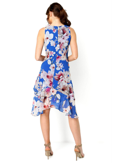 Roman Royal Blue Floral Chiffon Hanky Hem Ruffle Dress