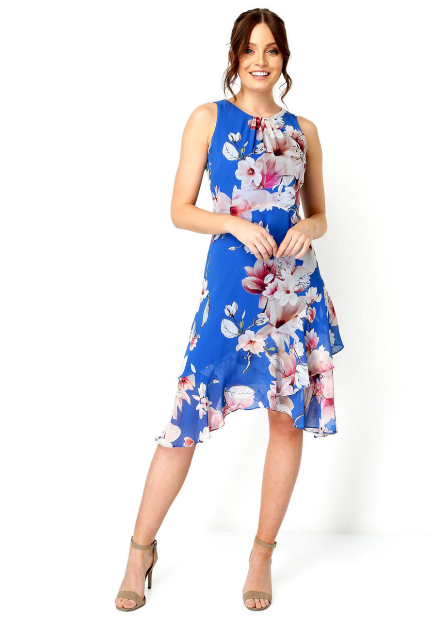 Roman Royal Blue Floral Chiffon Hanky Hem Ruffle Dress