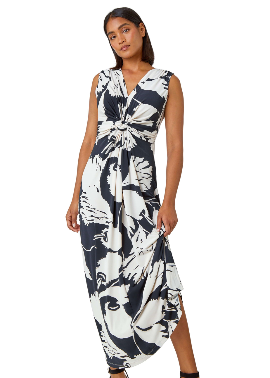 Roman Black Sleeveless Floral Print Maxi Stretch Dress