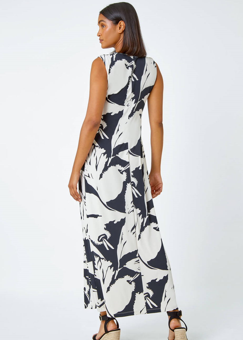 Roman Black Sleeveless Floral Print Maxi Stretch Dress