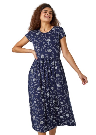 Roman Navy Floral Print Midi Stretch Dress