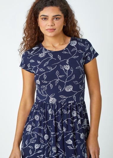 Roman Navy Floral Print Midi Stretch Dress