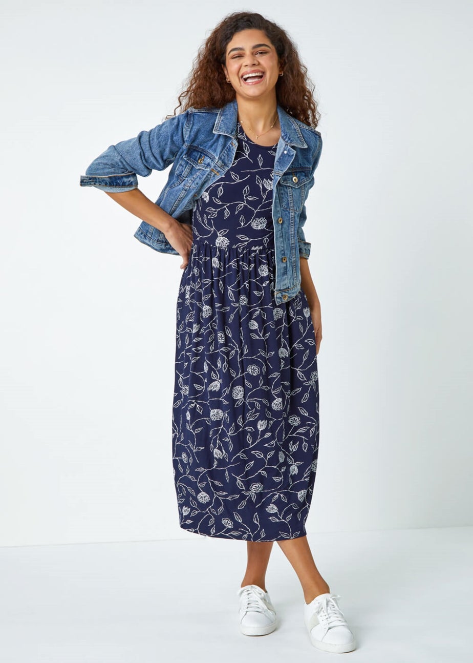 Roman Navy Floral Print Midi Stretch Dress