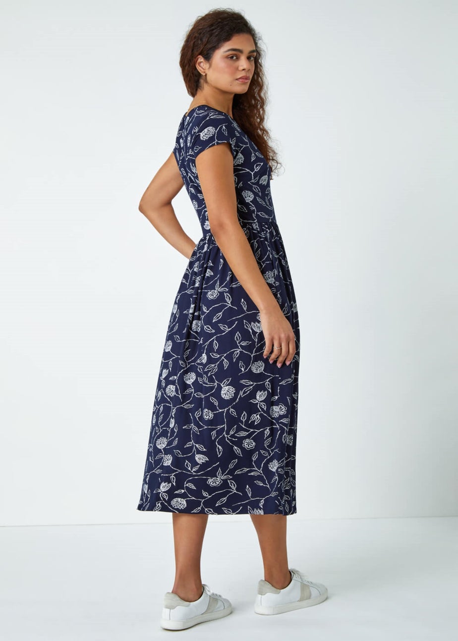 Roman Navy Floral Print Midi Stretch Dress