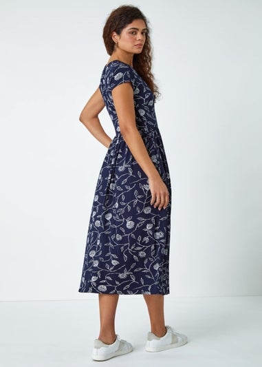 Roman Navy Floral Print Midi Stretch Dress