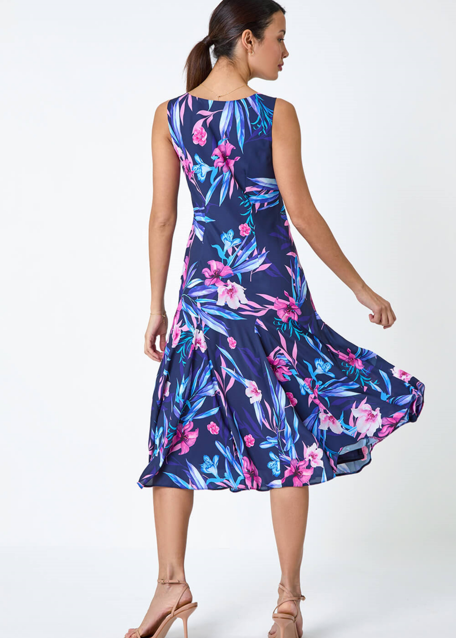 Roman Navy Sleeveless Tropical Print Bias Midi Dress