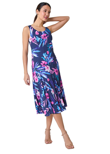 Roman Navy Sleeveless Tropical Print Bias Midi Dress