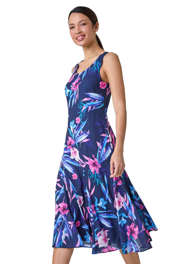 Roman Navy Sleeveless Tropical Print Bias Midi Dress