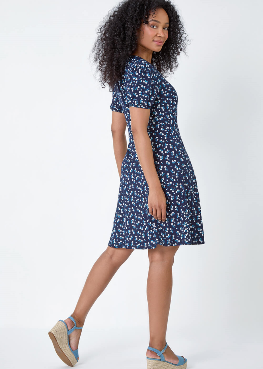 Roman Navy Petite Ditsy Wrap Stretch Dress