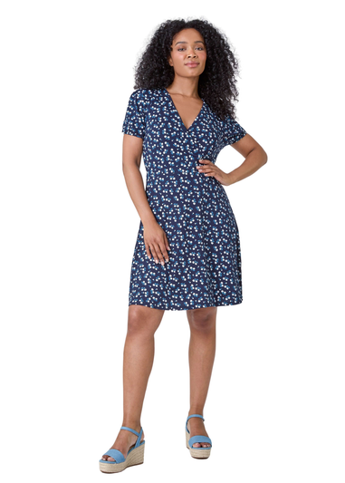Roman Navy Petite Ditsy Wrap Stretch Dress