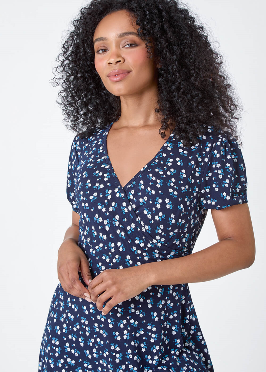 Roman Navy Petite Ditsy Wrap Stretch Dress