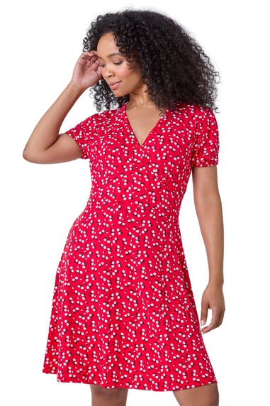 Roman Red Petite Ditsy Wrap Stretch Dress