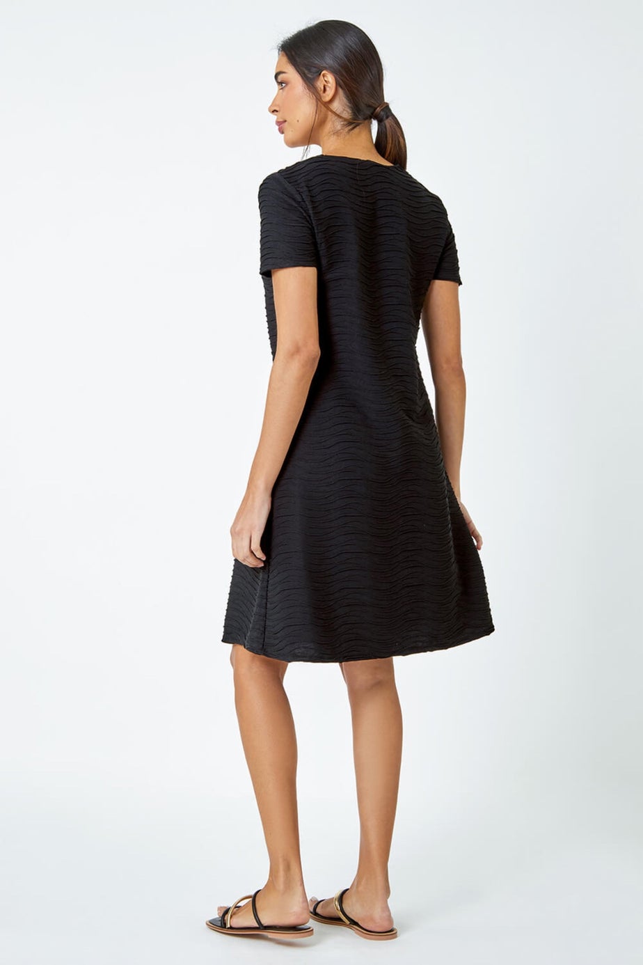 Roman Black Textured A-Line Skater Stretch Dress