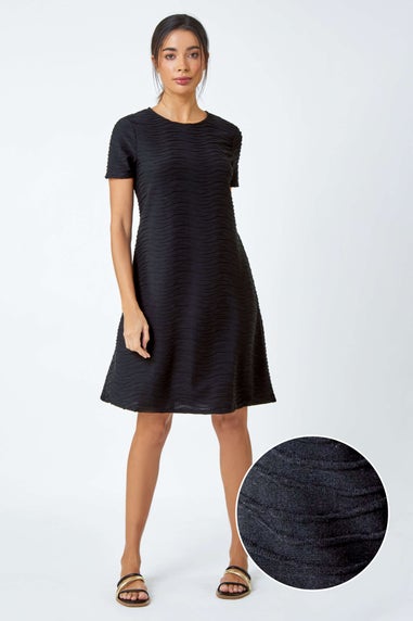 Roman Black Textured A-Line Skater Stretch Dress