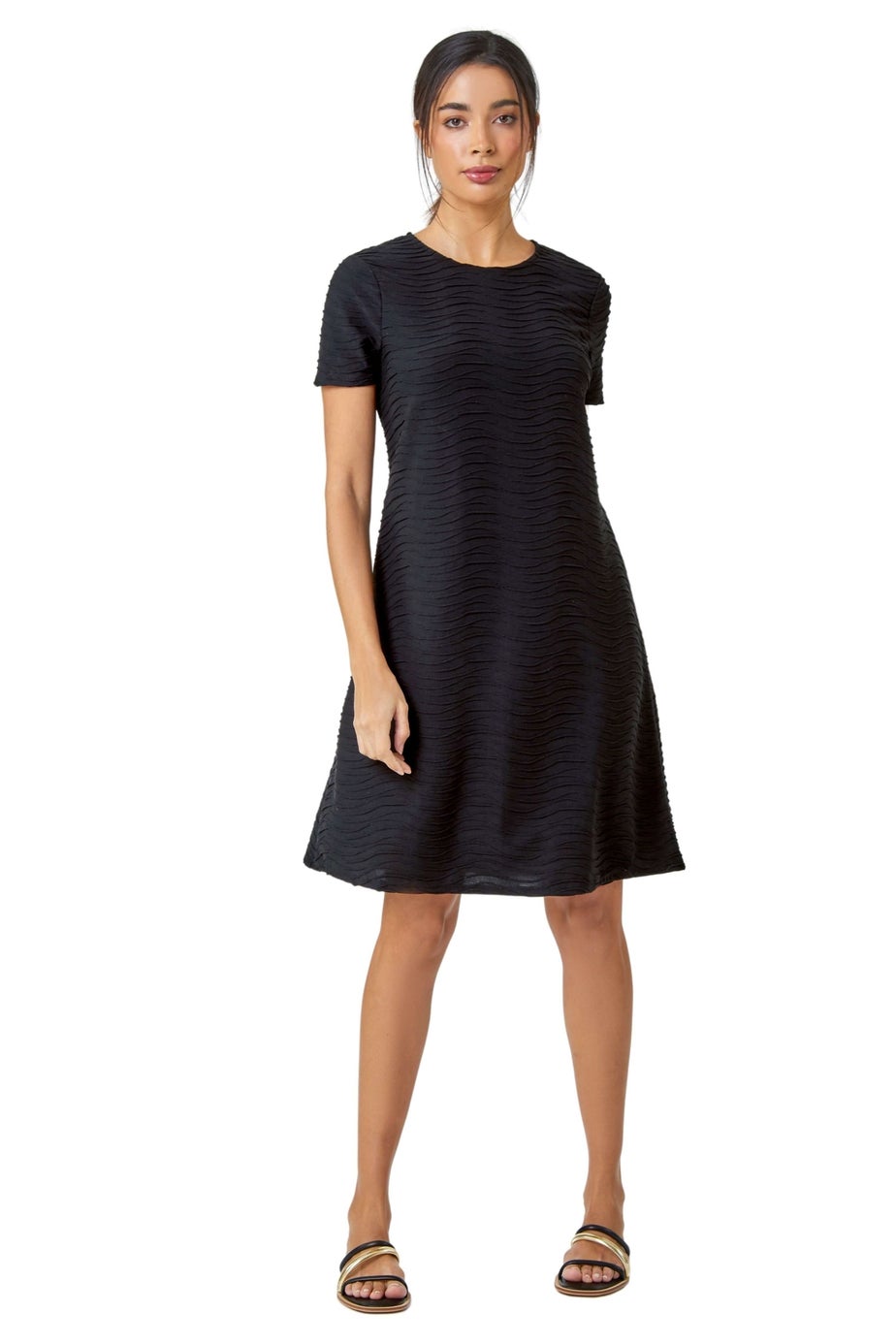 Roman Black Textured A-Line Skater Stretch Dress