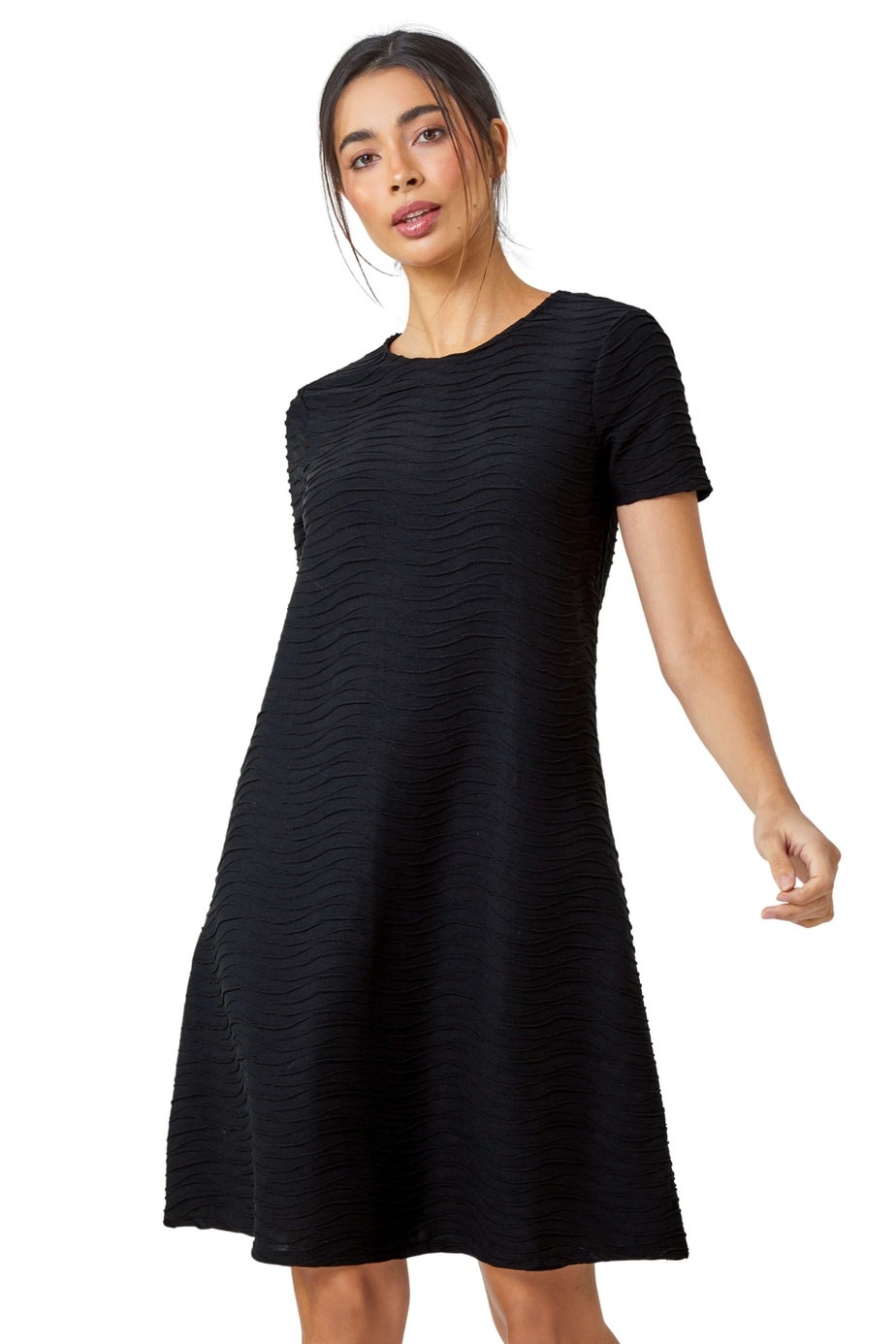 Roman Black Textured A-Line Skater Stretch Dress