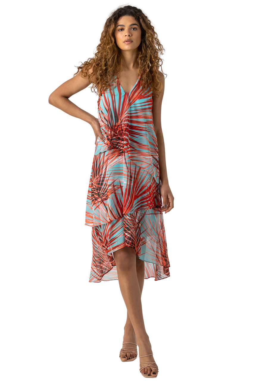 Roman Turquoise Layered Chiffon Tropical Print Dress
