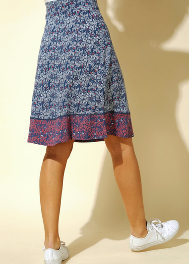 Roman Blue Elastic Waist Mosaic Print A Line Skirt
