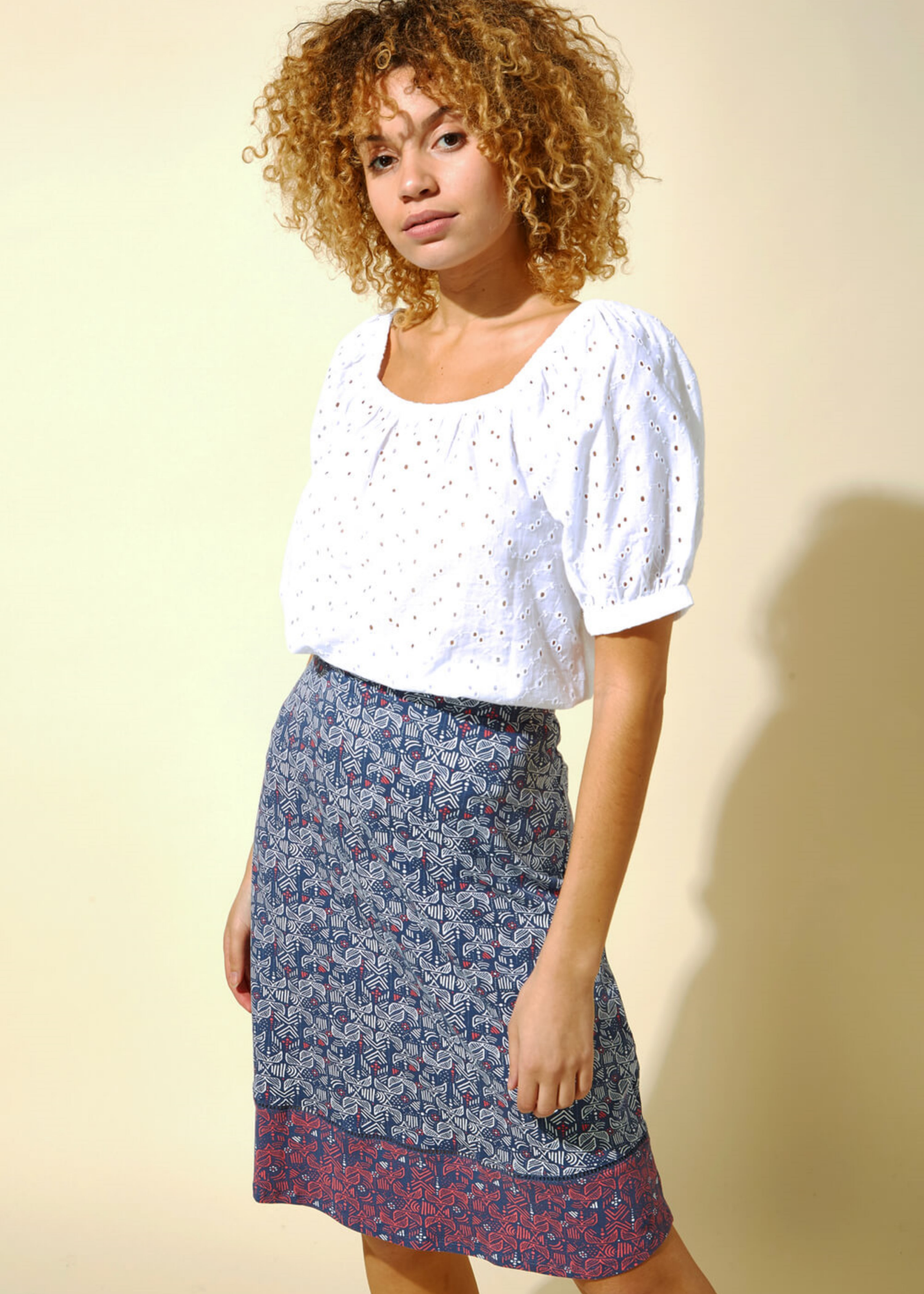 Roman Blue Elastic Waist Mosaic Print A Line Skirt