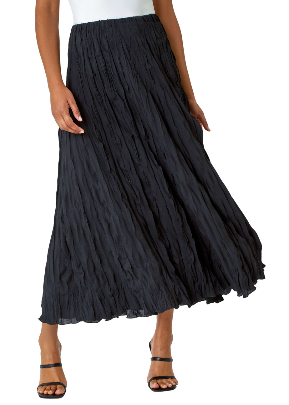 Roman Black Crinkle Textured Elastic Waist A Line Midi Skirt